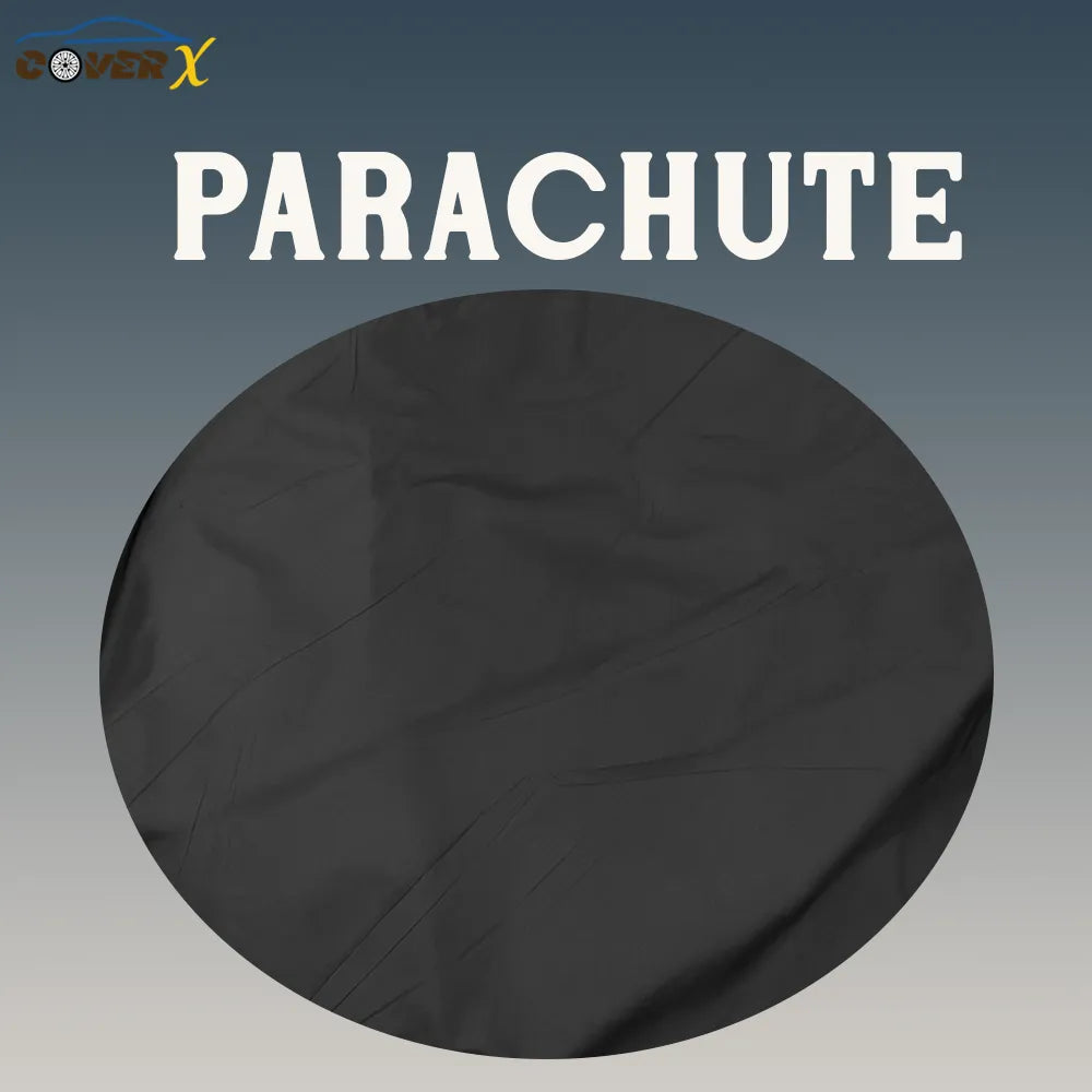 Black parachute car cover fabircs on a gray background with 'CoverX' branding. Affordable car covers by coverX