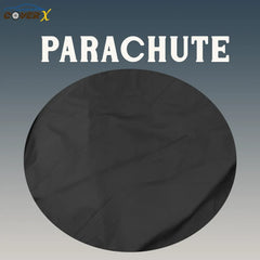 Black parachute car cover fabircs on a gray background with 'CoverX' branding. Affordable car covers by coverX