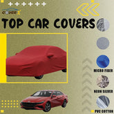 Hyundai Elantra car cover showing covered sedan with waterproof red fabric and uncovered Elantra displaying fabric options parachute neon silver PVC cotton microfiber