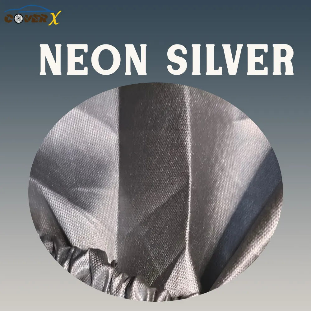 Neon silver car cover fabric with 'CoverX' branding on a gradient background