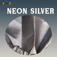 Neon silver car cover fabric with 'CoverX' branding on a gradient background