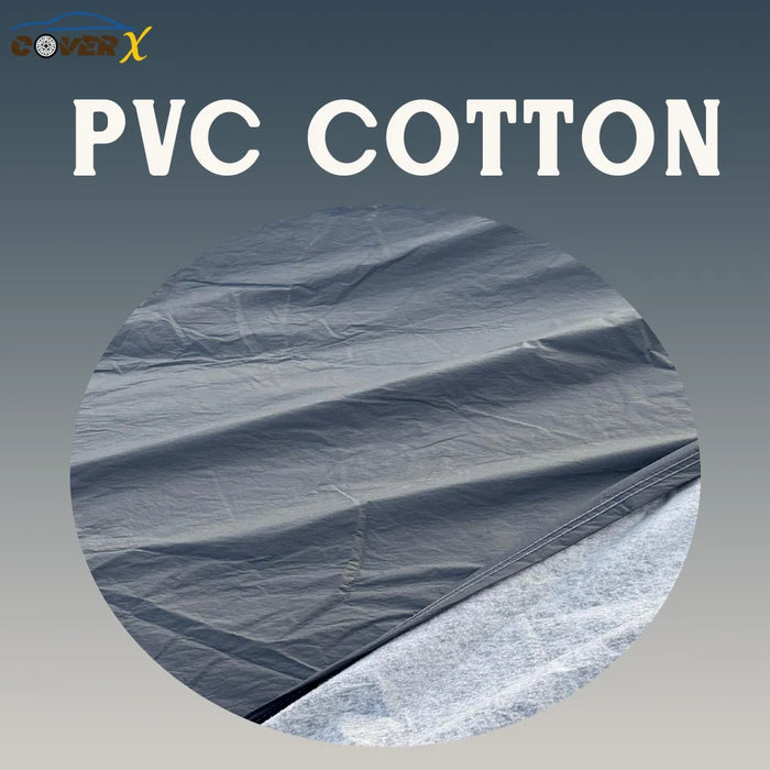 PVC cotton car cover material with 'CoverX' branding on a gray background. Custom fit car covers. Waterproof and dustproof car covers
