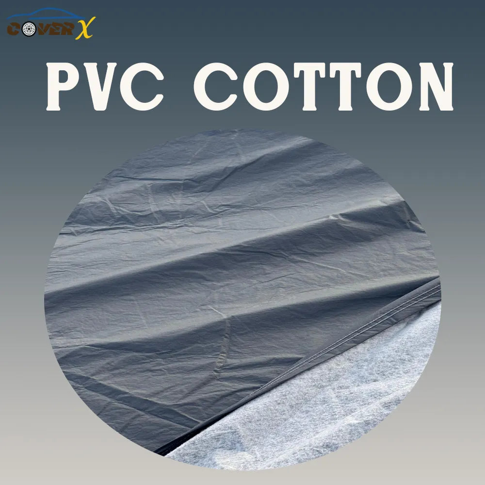 PVC cotton car cover material with 'CoverX' branding on a gray background. Custom fit car covers. Waterproof and dustproof car covers