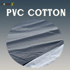 PVC cotton car cover material with 'CoverX' branding on a gray background. Custom fit car covers. Waterproof and dustproof car covers