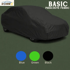 Car cover made of basic parachute fabric with color options displayed on a green background. Waterproof car covers