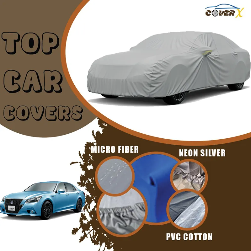 Waterproof Microfiber Car cover for Toyota Crown. with 'Cover X' branding, showcasing different car cover types on a brown background. Triple layer car cover that ensure your protection from accidental scratches