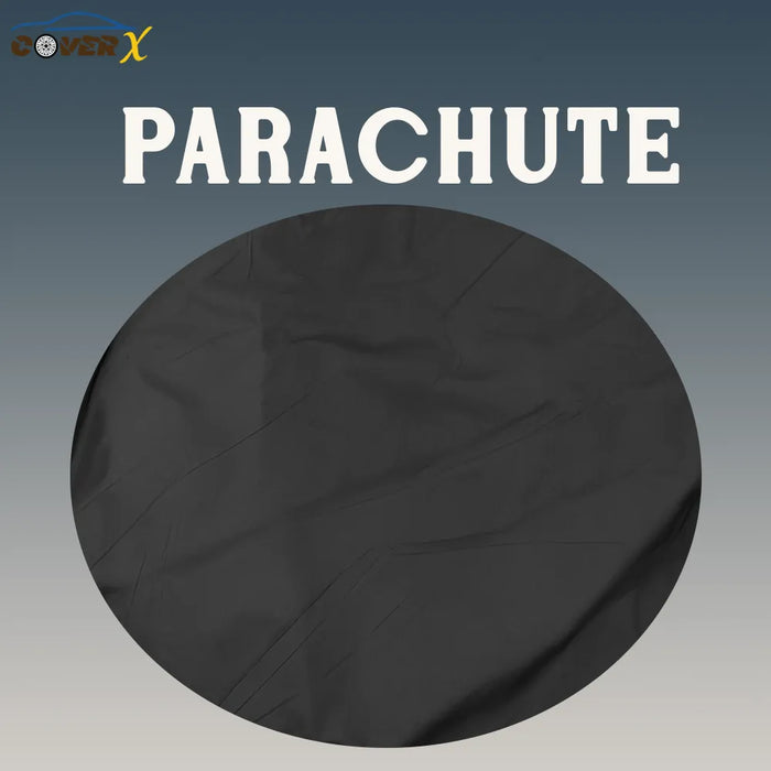 Black parachute car cover fabircs on a gray background with 'CoverX' branding. Affordable car covers by coverX