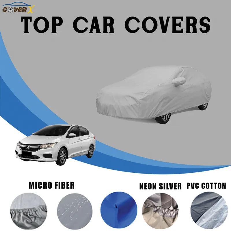 Honda City car cover showing covered sedan in gray waterproof fabric and uncovered white Honda City with fabric options parachute, neon silver, PVC cotton, microfiber