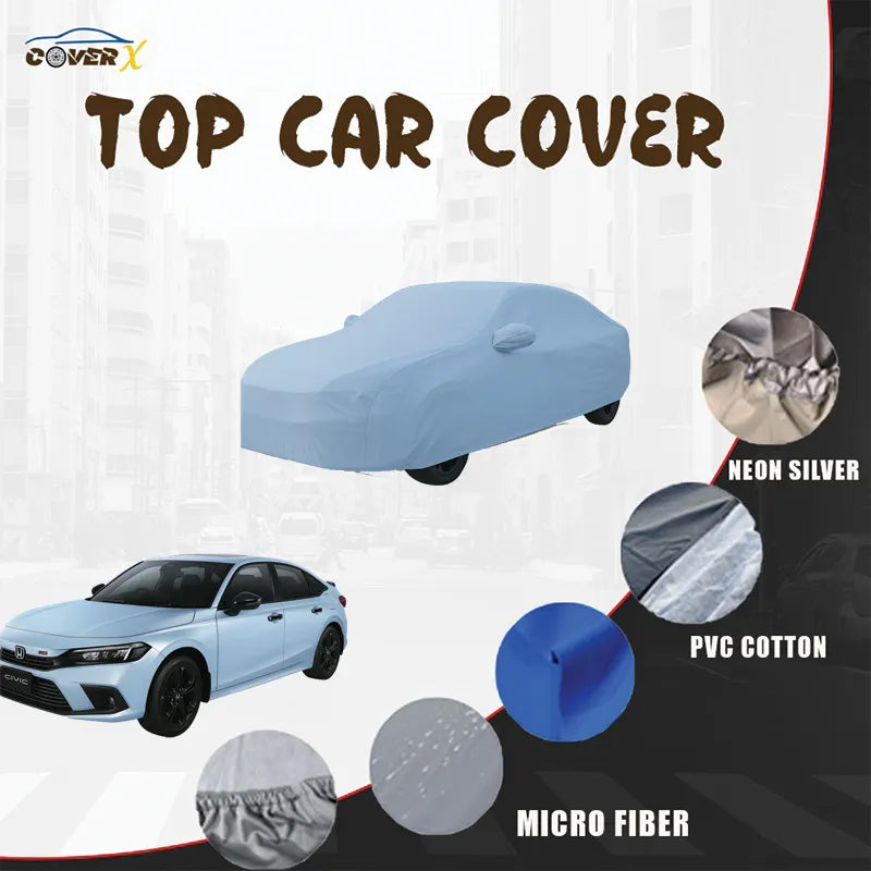 Honda Civic X 10th generation 2016-2021 with waterproof car cover and uncovered Civic showing parachute neon silver PVC cotton microfiber fabric options
