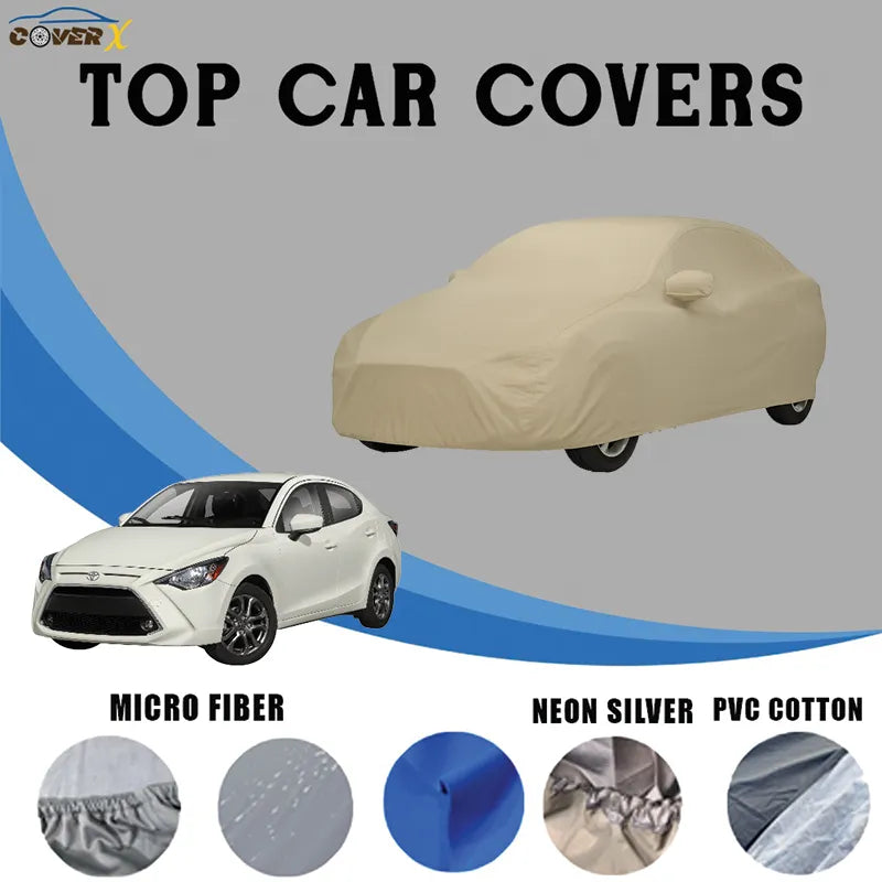Toyota Yaris sedan with waterproof car cover in white and uncovered white Yaris along with fabric options  parachute neon silver PVC cotton microfiber fabric choices