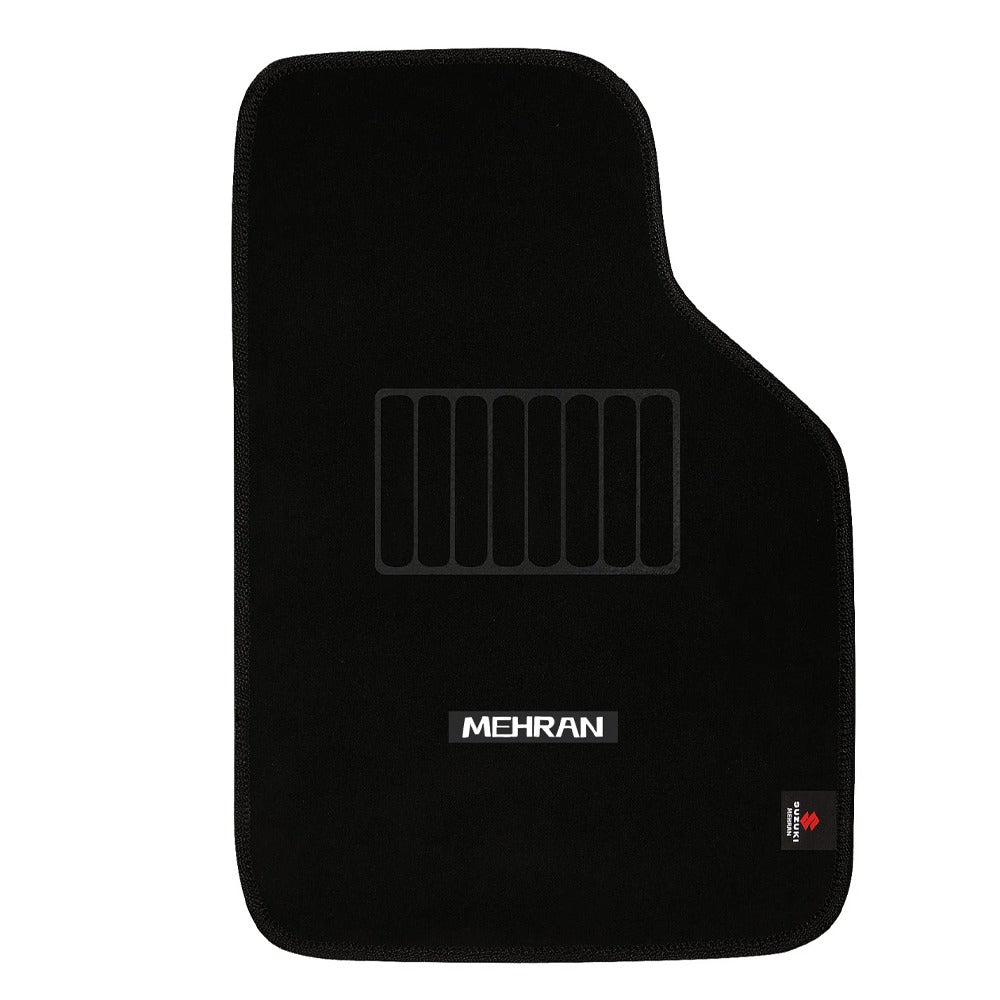 Black car floor mat with 'Mehran' branding on a white background