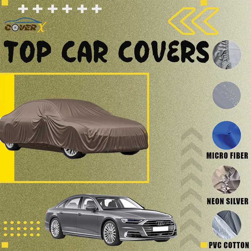 Custom-fit premium car cover for the Audi S8 high-performance luxury sedan. Available in Microfiber, PVC Cotton, and Neon Silver, this heavy-duty waterproof, dust-proof, and all-weather cover ensures full protection for the flagship vehicle.