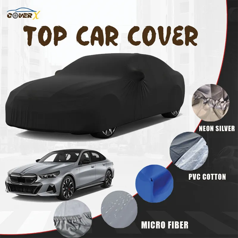 Black waterproof car cover for BMW I5 with and fabric options on a white background. Premium quality car covers that are designed according to your parking and provide all weather protection. Top of the line microfiber top cover, available in different color options and with customization option