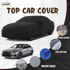 Black waterproof car cover for BMW I5 with and fabric options on a white background. Premium quality car covers that are designed according to your parking and provide all weather protection. Top of the line microfiber top cover, available in different color options and with customization option
