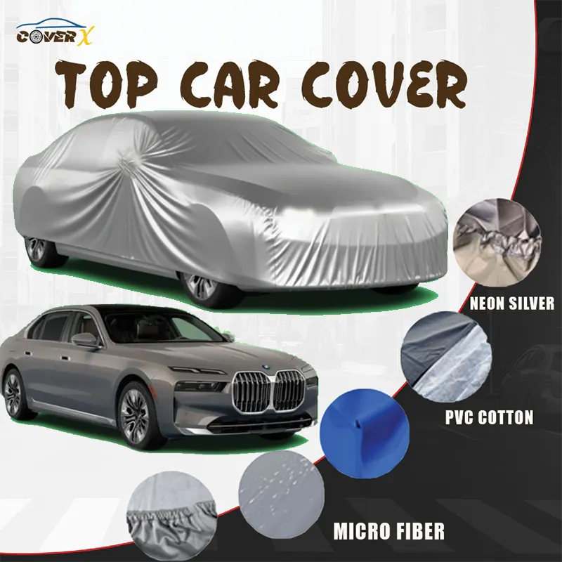 Waterproof Car cover for BMW i7  with BMW model, showing different cover types on a white background.. Custom fit and dustproof car covers. Available in four options. Affordable car covers by CoverX