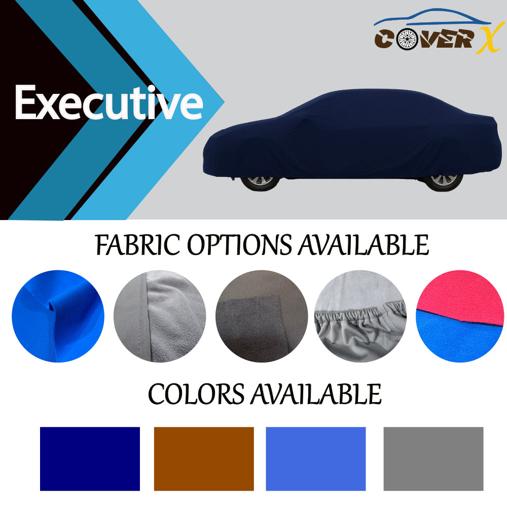 Car cover with fabric color options displayed on a gray background. Microfiber, PVC Cotton, Neon Silver, Parachute
