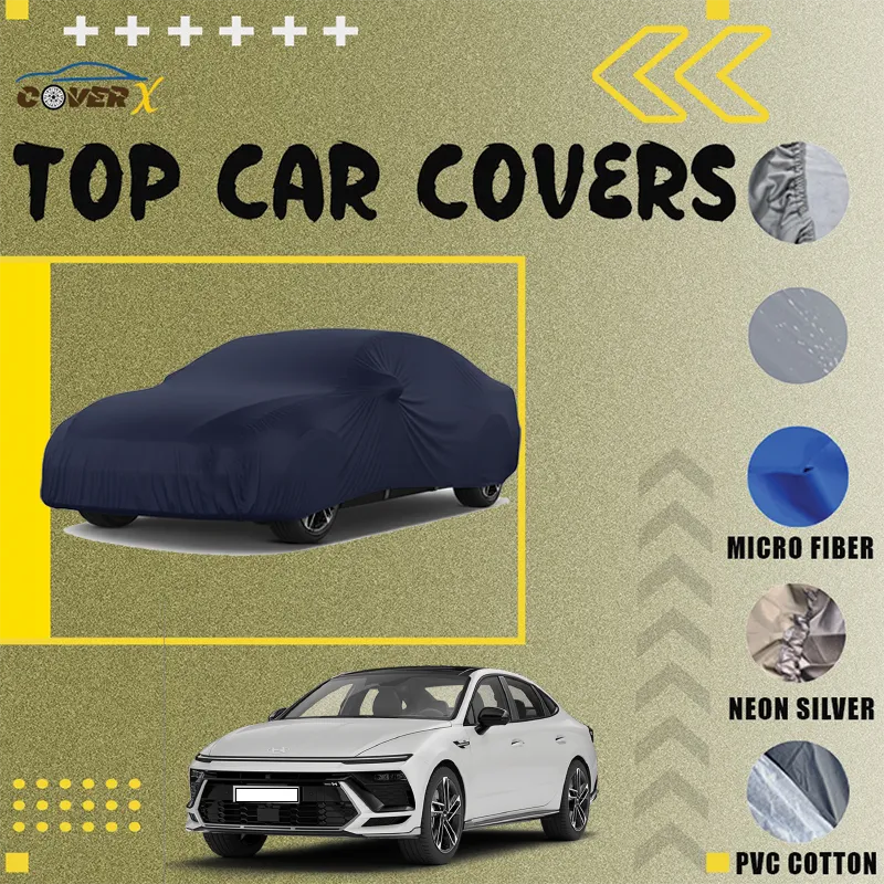 Hyundai Sonata Car cover featuring CoverX branding. Custom fit, dustproof and waterproof car covers by CoverX. Top of the class Microfiber car cover with three different variants
