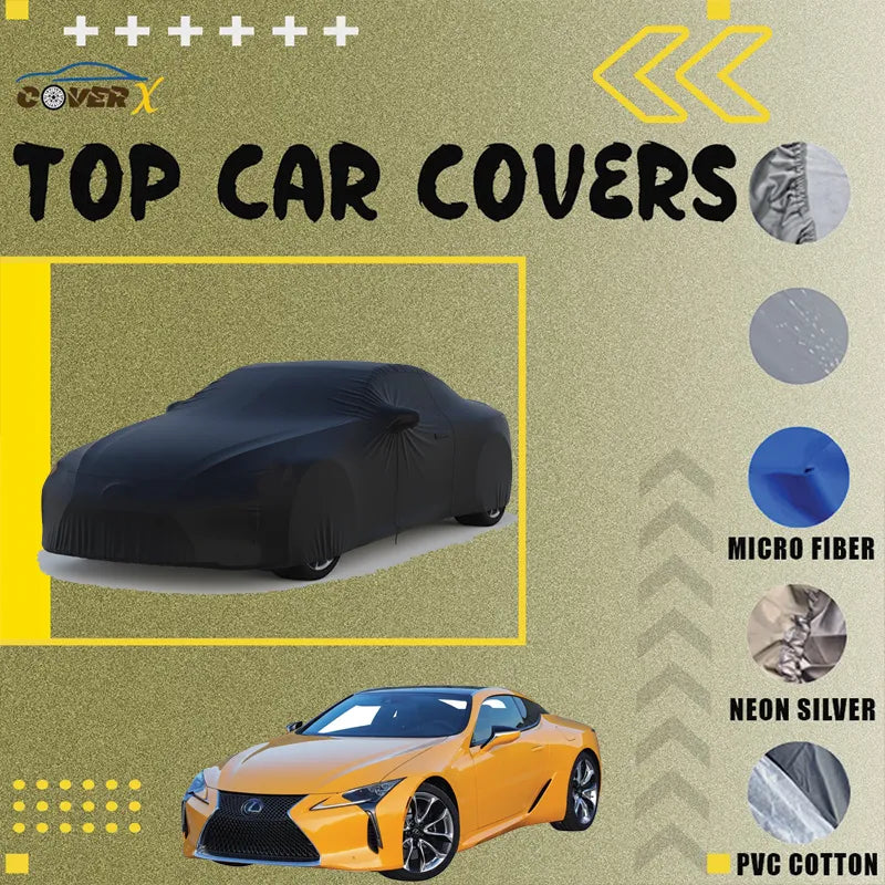 Microfiber full body car cover in black for the Lexus LC. The material is soft to prevent damage while remaining heavy-duty for durable all-season exterior protection against environmental hazards. Available in PVC Cotton and Neon Silver Fabric also
