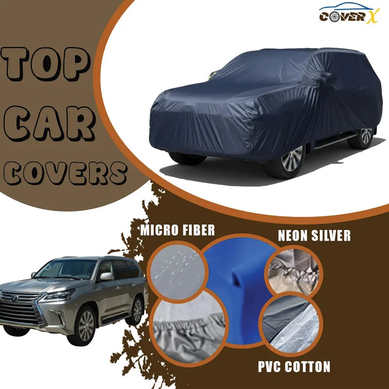 Premium custom-fit car cover for the Lexus LX 570 SUV. This heavy-duty cover provides full protection with all-weather, waterproof, and dust-proof material to safeguard the vehicle's luxury finish during outdoor storage. 
