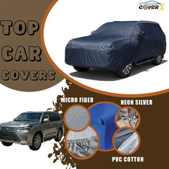 Premium custom-fit car cover for the Lexus LX 570 SUV. This heavy-duty cover provides full protection with all-weather, waterproof, and dust-proof material to safeguard the vehicle's luxury finish during outdoor storage. 