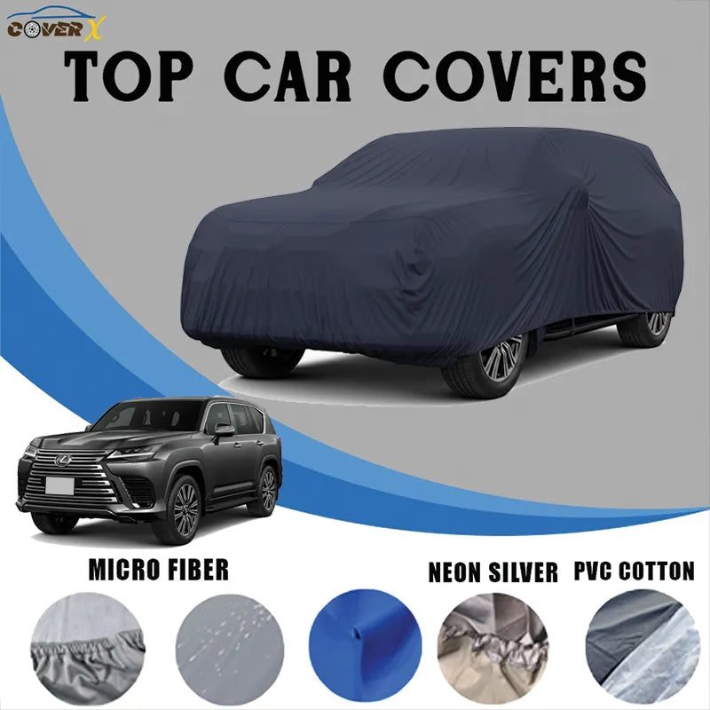 Premium custom-fit car cover on a Lexus LS luxury sedan. The cover is available in Microfiber, PVC Cotton, and Neon Silver materials, providing all-weather, waterproof, and dust-proof protection for outdoor and indoor storage.