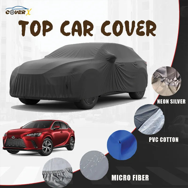 Custom-fit premium car cover draped over a Lexus RX 350 luxury crossover SUV. This all-weather cover is waterproof and dust-proof, ensuring full protection for the vehicle's paint and finish during outdoor parking.