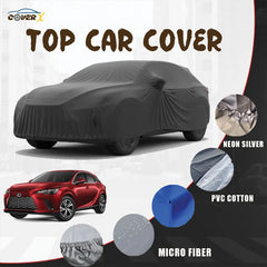 Custom-fit premium car cover draped over a Lexus RX 350 luxury crossover SUV. This all-weather cover is waterproof and dust-proof, ensuring full protection for the vehicle's paint and finish during outdoor parking.