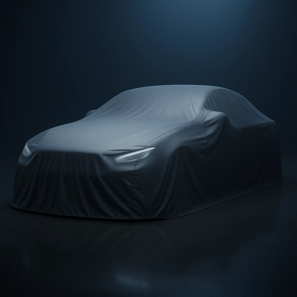 Car partially covered with a gray cloth on a dark background