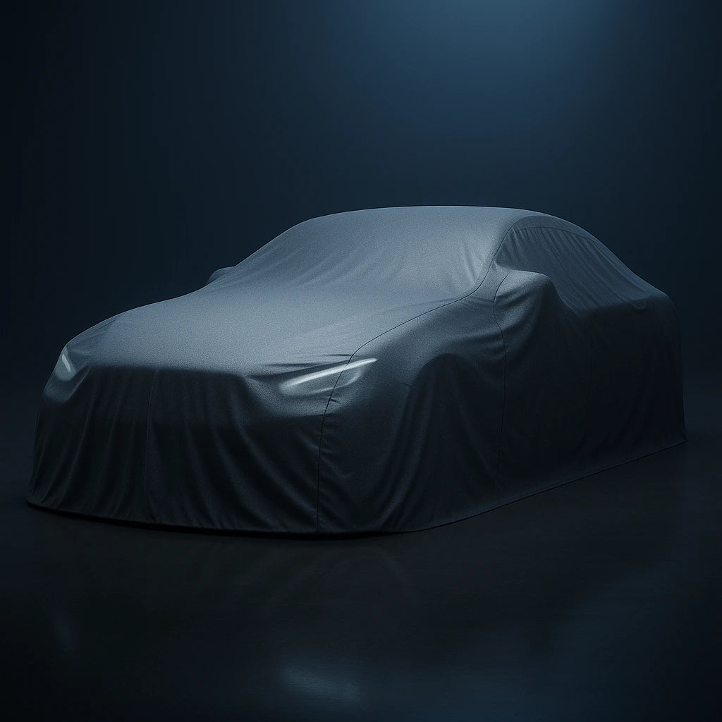 Car partially covered with a gray cloth on a dark background