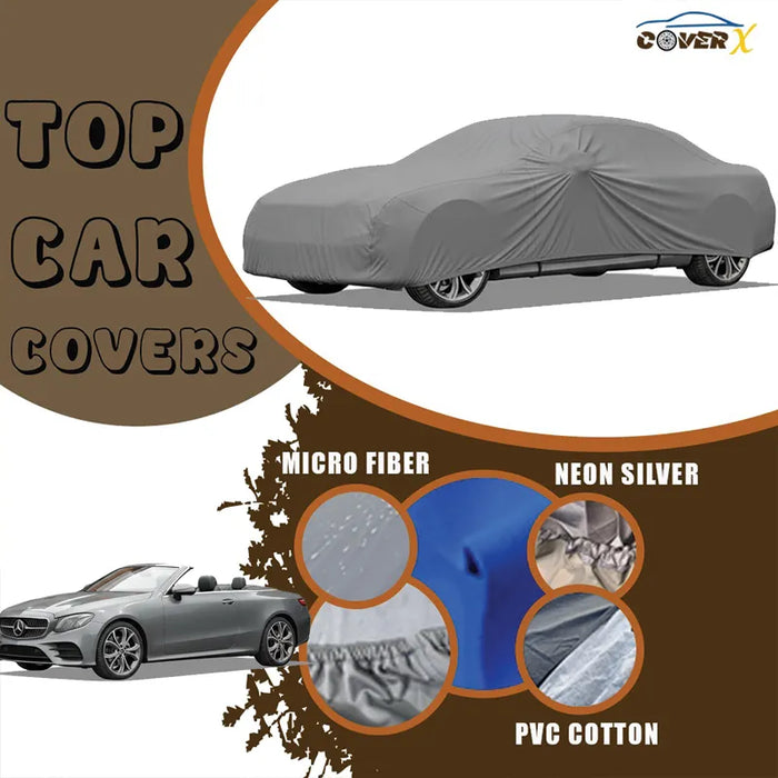 Heavy-duty scratch-proof car cover tailored for the Mercedes E-Class Cabriolet. The soft inner lining and waterproof PVC Cotton or Microfiber exterior prevents paint damage and shields the vehicle from dirt and rain during storage.