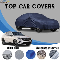Full-body custom-fit car cover for the Mercedes-Benz GLC. Cover shown in the shimmering Neon Silver finish for a snug fit. This cover is dust-proof and designed for reliable all-season exterior coverage against dirt and moisture.