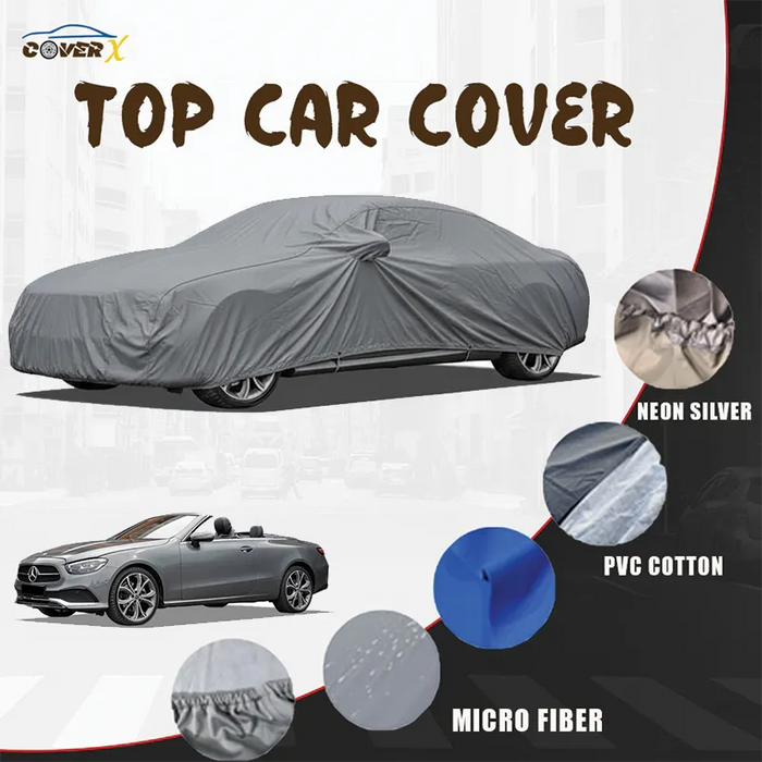 Custom-fit premium car cover for the Mercedes-Benz S-Class luxury sedan. Available in Microfiber, PVC Cotton, and Neon Silver, this heavy-duty waterproof, dust-proof, and all-weather cover ensures full protection for the flagship vehicle.