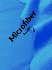 Close-up of blue microfiber fabric with 'Microfiber Fabric' text. Buy waterproof cover.