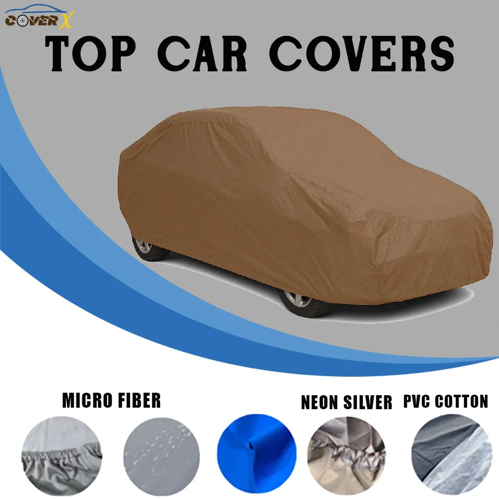 waterproof Brown car cover for Toyota Yaris with color options displayed on a gray background. Microfiber top covers that keep your car protect all year around. Car covers available in four different options designed according to your needs.