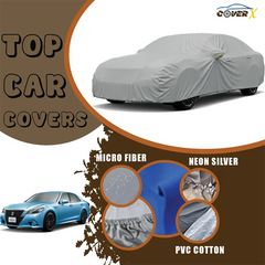 Waterproof Microfiber Car cover for Toyota Crown. with 'Cover X' branding, showcasing different car cover types on a brown background. Triple layer car cover that ensure your protection from accidental scratches